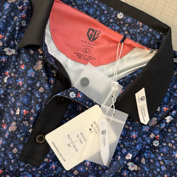 NEW Graham Luxe Maddox Polo Size Large Multi Jet Black Floral Print $80 Golf‎ - Picture 3 of 5